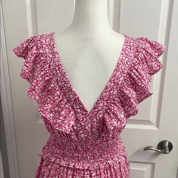 Pink Floral Ruffle Mini Dress V Neck V Back Pockets Smocked Bodice Size L Tall - Picture 8 of 16